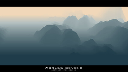 Abstract gray landscape with misty fog till horizon over mountain slopes. Gradient eroded terrain surface. Worlds beyond.