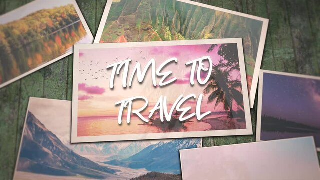 Time To Travel with collage photos with summer landscape in different country and time, motion promotion, summer and travel style background