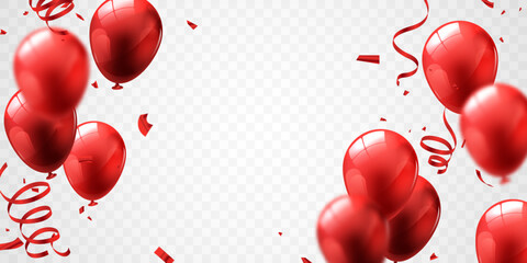 Celebrate with red balloons with confetti for festive decorations vector illustration.