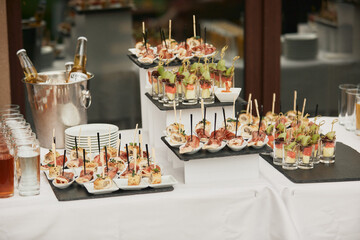 Catering. Off-site food. Buffet table with various canapes and snacks.