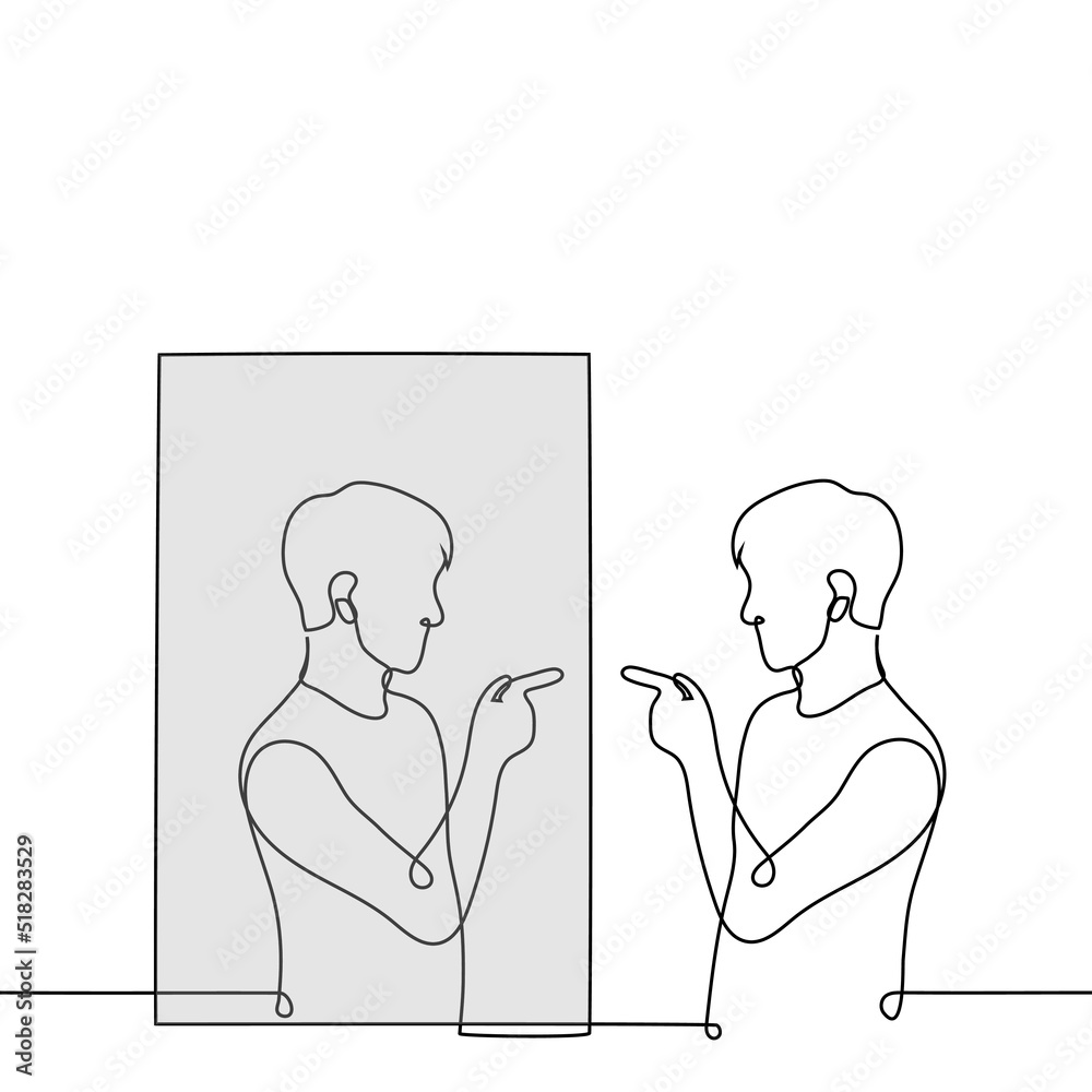 Poster man points his finger at his reflection in the mirror - one line drawing vector. concept self-confidence; self-accusation; self-flagellation