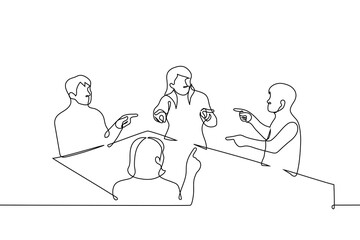 group of people sit at a table and point fingers at each other - one line drawing vector. concept group of friends play a game (mafia), business partners or colleagues blame each other for mistakes