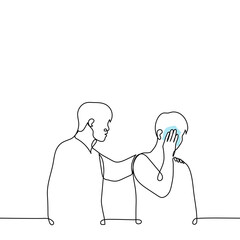 man comforting crying friend - one line drawing vector. concept male support, comfort a friend, moral and psychological help, empathic and sensitive person