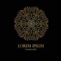 Decorative elegant floral circle badge logo vector illustration with dummy text on dark background.