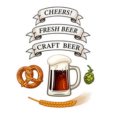 Beer mug, Bavarian pretzel, barley ear, hop cone, ribbon banners with text Cheers, Fresh, Craft beer. Hand drawn vector
