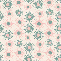 Retro pastel colored seamless pattern with daisies. Cute pink and green abstract chamomile on beige background. Floral design elements for greeting cards, scrapbooking, print, gift wrap, manufacturing