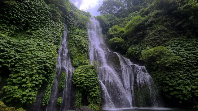 Tropical Paradise of Bali Island, Indonesia, Twin Waterfall Deep in Jungle, Low Angle
