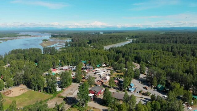 4K Drone Video of Talkeetna, AK along the Susitna River with Denali Mountain in Distance on Sunny Summer Day