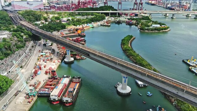 MTR crossing bridge in Tsuen Wan, Hong Kong; aerial view