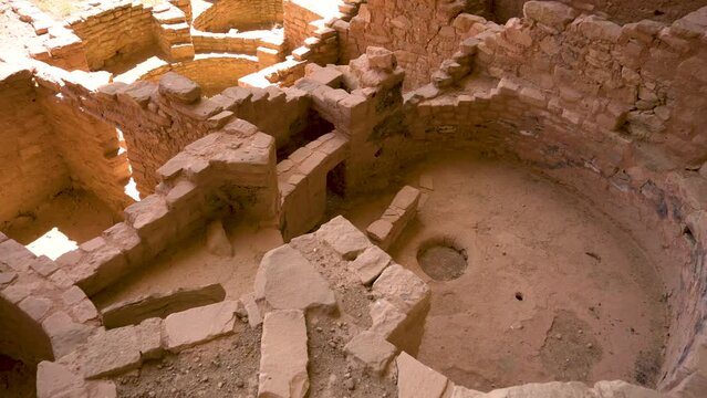 Ancestral Puebloan Kivas from the top of the Long House Cliff Dwelling in Mesa Verde National Park, pan