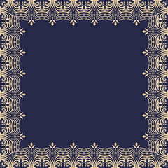 Classic vector vintage square blue and golden frame with arabesques and orient elements. Abstract ornament with place for text. Vintage pattern