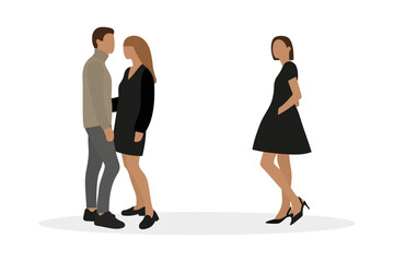Fototapeta premium A male character hugs one female character while looking at another female character on a white background