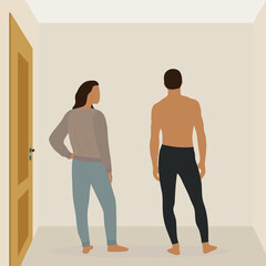 Female character and male character in home clothes and barefoot together in the room