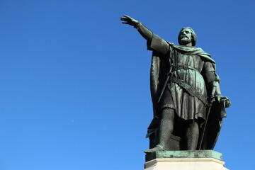 Statue of the famous rebel leader Jacob van Artevelde, known as The Wise Man, in Ghent against a...