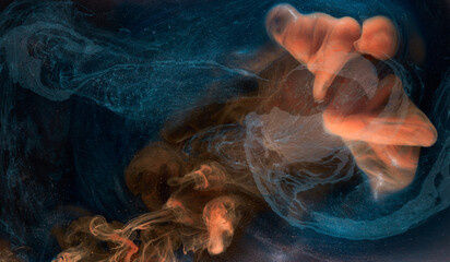 Liquid fluid art abstract background. Orange blue acrylic paint underwater, galactic smoke ocean © amixstudio