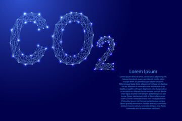 co2 emissions, carbon dioxide pollution, ecology, environmental, from futuristic polygonal blue lines and glowing stars for banner, poster, greeting card, vector illustration.