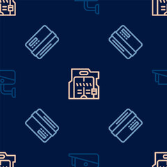 Set line Security camera, Credit card and Futuristic sliding doors on seamless pattern. Vector
