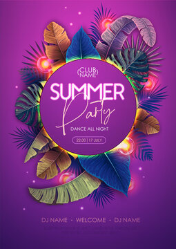 Summer disco party poster with tropic leaves and electric lamps. Summer tropic leaves background. Vector illustration