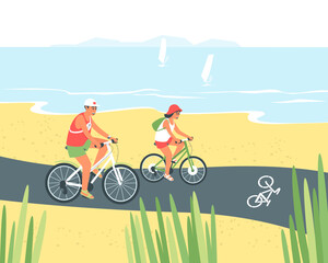 Father and daughter ride bicycles along the bike path. Family bike ride next to the sea. Summer time of the year. Flat vector illustration.