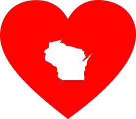 White Map of US federal state of Wisconsin inside red heart shape