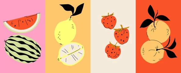 Poster Fruit poster set watermelon, lemon, peach and strawberry. Modern style, pastel colors © NKTN