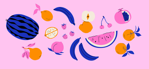 Fruit poster set apple, pear, banana and pomegranate, watermelon, cherry, peach, lemon, strawberry. Modern style, pastel colors	