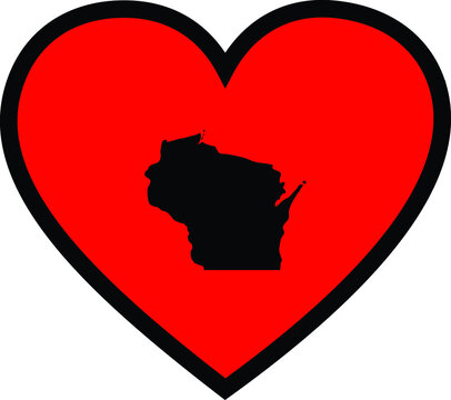 recommend clip art: Black Map of US federal state of Wisconsin inside red heart shape with black stroke
