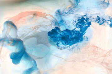 Liquid fluid art abstract background. Blue acrylic paint underwater, galactic smoke ocean