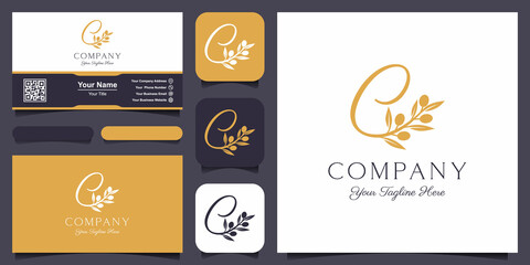 letter c combined twig Olive oil logo design template.