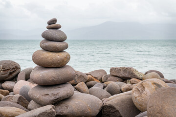 Small stone cairn on the beach at Minard Castle, Kilmurry in County Kerry, Ireland