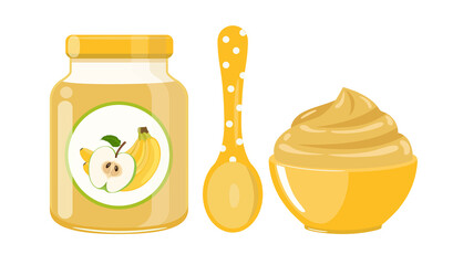 Banana apple baby food puree in glass jar with polka dot spoon and bowl, vector illustration isolated on white background