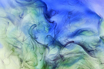 Fototapeta na wymiar Liquid fluid art abstract background. Blue green acrylic paint underwater, galactic smoke ocean