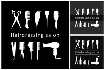 Barbershop or hairdressing salon signboard with hairdresser tools white silhouettes on black background. Square vector banner of minimalist design with scissors, comb, hair dryer, clipper signs