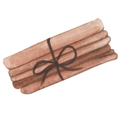 Watercolor illustration of hand painted brown, beige cinnamon spice sticks stringed with thread and bow. Food item. Isolated on white clip art for kitchen, restaurant prints, packaging, pattern making