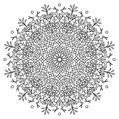 Outline ethnic mandala isolated on a white background. Folk floral ornament with flowers, deer, suns, and trees for anti-stress coloring pages 