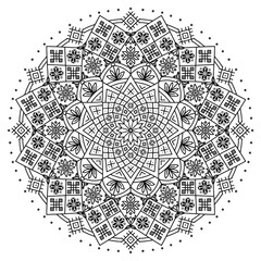 Outline ethnic mandala isolated on a white background. Folk floral ornament with flowers and leaves, geometric elements for anti-stress coloring pages 