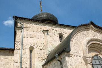 White stone carving on the walls of St. George's Cathedral. Yuryevsky Kremlin...