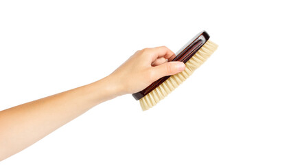 The hand holds a clothes brush. Hand with shoe brush isolate on white background.