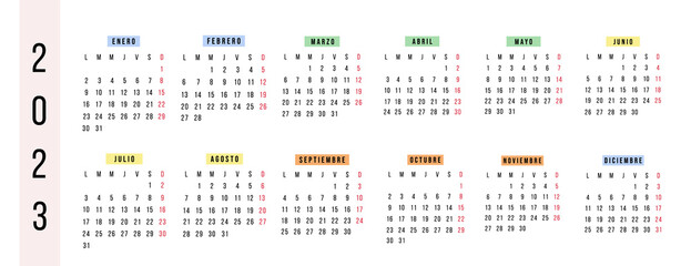 Spanish horizontal calendar 2023 year. Vector stationery calendar week starts Monday. Yearly organizer. Simple calendar template in minimal design. Business illustration.