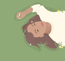 A beautiful girl lies on a green meadow with her eyes closed among the flowers and dreams. Vacation vector illustration.