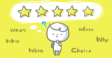 《アイキャッチ》星5つを選ぶため思案する白い人　黄色バージョン