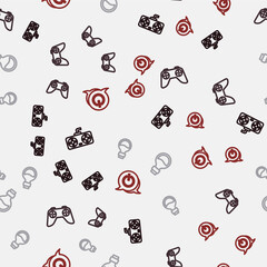 Set line Game controller or joystick, Bottle with magic elixir and Power button on seamless pattern. Vector