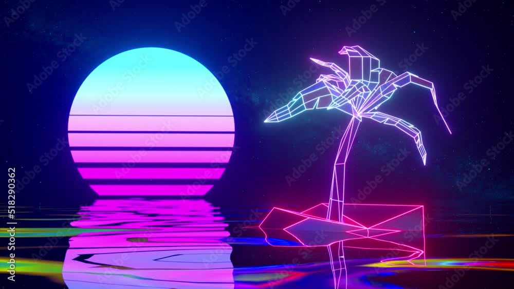 Wall mural neon palm tree on a retro background. water surface. blue pink color. 3d animation of seamless loop