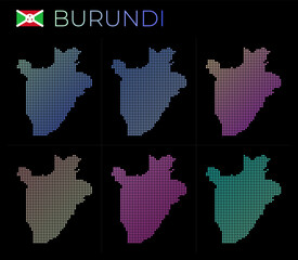 Burundi dotted map set. Map of Burundi in dotted style. Borders of the country filled with beautiful smooth gradient circles. Appealing vector illustration.