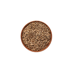 Hemp seeds or cannabis seeds in wooden bowl on white background, top view. Design element