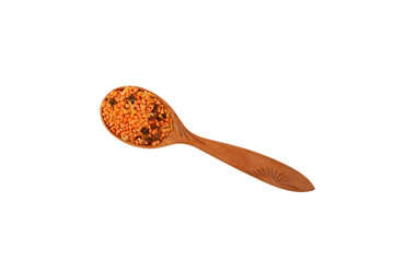 Lentils with spices in wooden spoon, close-up. Dry legumes. Long-term storage Healthy Food. Ingredients for Indian lentil soup
