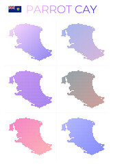 Fototapeta na wymiar Parrot Cay dotted map set. Map of Parrot Cay in dotted style. Borders of the island filled with beautiful smooth gradient circles. Artistic vector illustration.