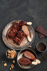 Chocolate desserts on dark background.