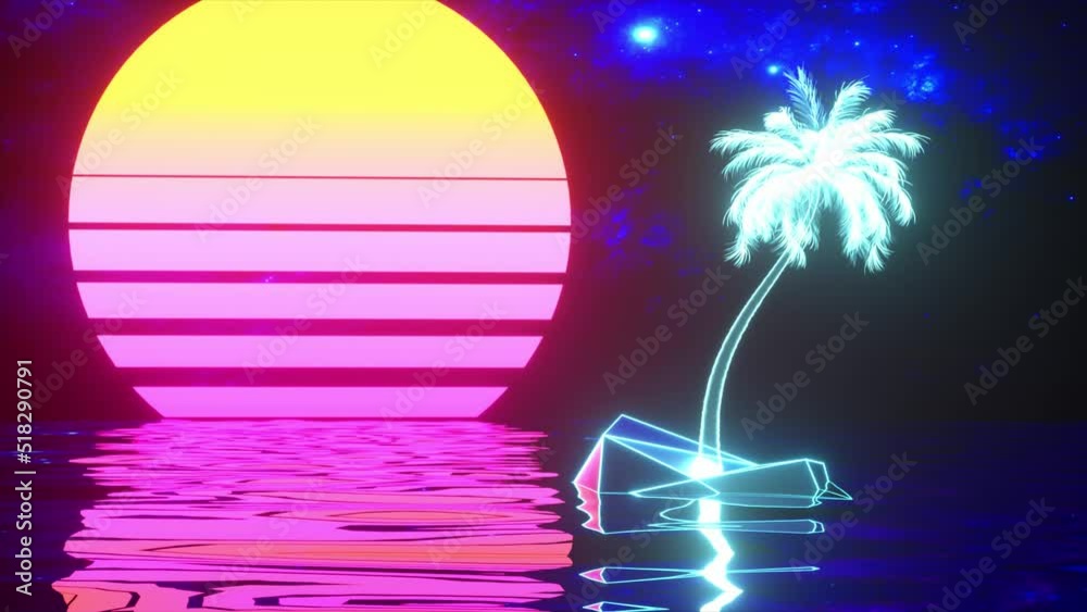 Wall mural neon palm tree on a retro background. water surface. blue pink color. 3d animation of seamless loop