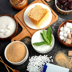 Various diet replacement for sugar on dark background.